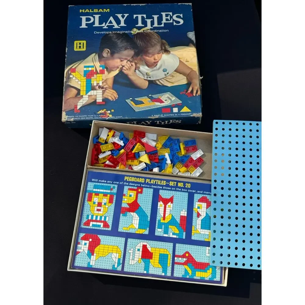 Vintage Halsam Play Tiles Plastic Peg Board Colored Pieces Picture Guide Box